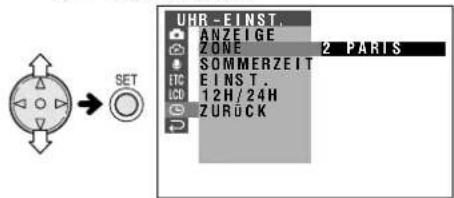 UHR-EINST. ANZEIGE ZONE 2 PARIS SOMMERZEIT EINST. 12H/24H ZURÜCK