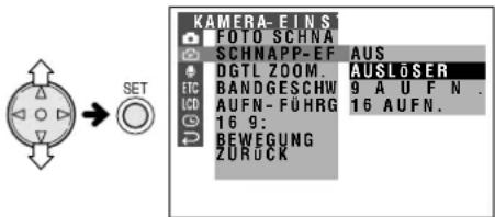 KAMERA-EINS1 FOTO SCHNA SCHNAPP-EF DGTL ZOOM. BANDGESCHW AUFN-FUHRG 16 9: BEWEGUNG ZORUCK AUS AUSLOSER 9 A U F N . 16 AUFN.