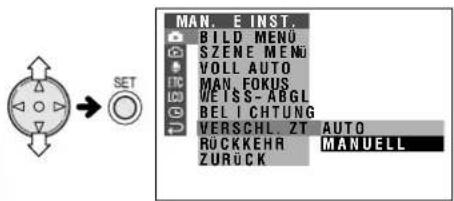 MAN. E INST. BILD MENU SZENE MENU VOLL AUTO MAN. FOKUS WEISS-ABGL BEL I CHTUNG VERSCHL ZT AUTO RUCKKEHR MANUELL ZURUCK