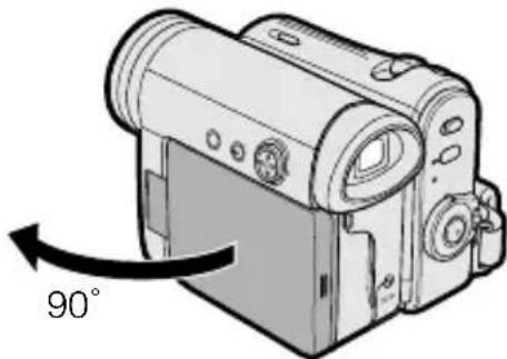 Illustration of a digital camera with a 90-degree rotation arrow (no text or symbols on the device itself)