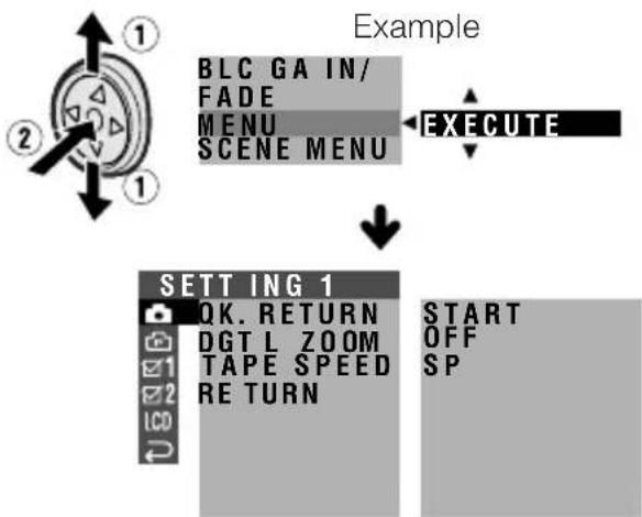 graph TD A["Example"] --> B["BLC GAIN/FADE MENU SCENE MENU"] B --> C["EXECUTE"] D["SETTING 1"] --> E["OK. RETURN DGT L ZOOM TAPE SPEED RETURN"] E --> F["START OFF SP"]