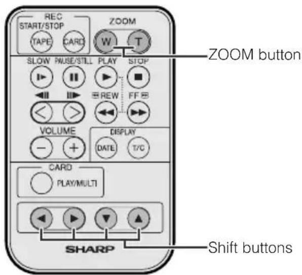 REC START/STOP TAPE CARD ZOOM SLOW PAUSE STILL PLAY STOP REW FF VOLUME DISPLAY DATE T/C CARD PLAY/MULTI SHIFT buttons SHARP