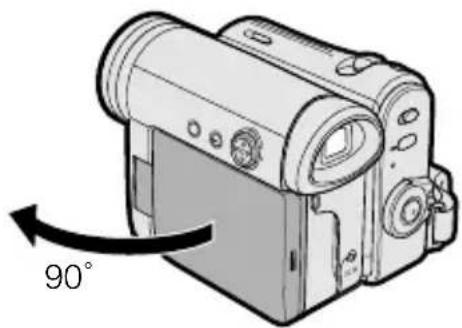 Illustration of a digital camera with a 90-degree rotation arrow (no text or symbols on the device itself)