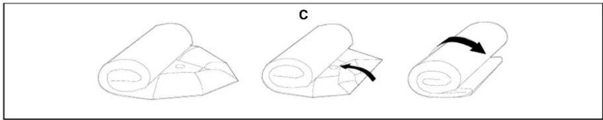 Three-step diagram showing a folded paper or sheet being folded, with arrows indicating the process (no text or symbols present)