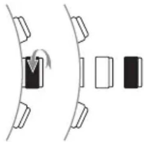 Diagram showing a battery moving in a curved channel with directional arrows, alongside two rectangular blocks (no text or symbols)