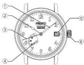 Labeled diagram of a wristwatch with numbered parts for identification and assembly reference.