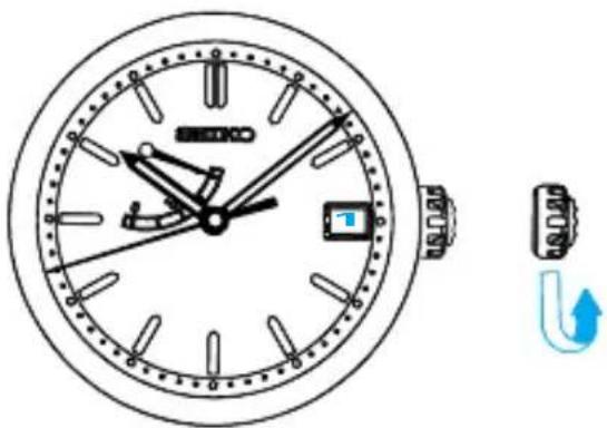 Diagram of a classic analog clock with hands and a separate directional arrow indicating rotation or movement.