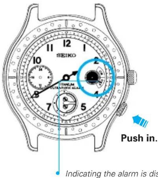 SEIKO 10 M 2 SWCM 4 5 7 8 Push in. Indicating the alarm is dis