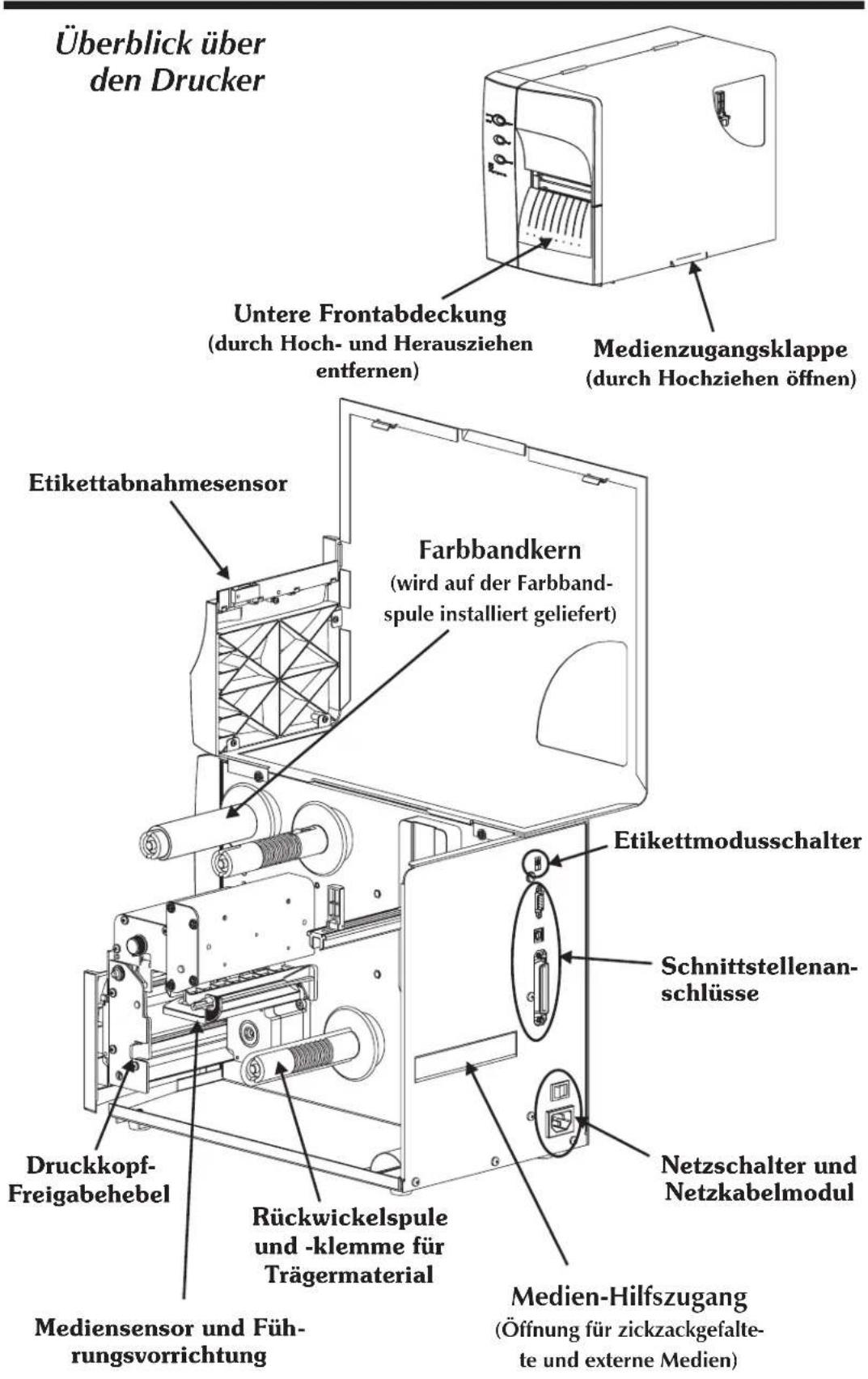 Überblick über den Drucker Untere Frontabdeckung (durch Hoch- und Herausziehen entfernen) Medienzugangsklappe (durch Hochziehen öffnen) Etikettabnahmesensor Farbbandkern (wird auf der Farbband- spule installiert geliefert) Etikettmodusschalter Schnittstellenan- schlüsse Druckkopf- Freigabehebel Rückwickelspule und -klemme für Trägermaterial Netzschalter und Netzkabelmodul Mediensensor und Füh- rungsvorrichtung Medien-Hilfszugang (Öffnung für zickzackgefalte- te und externe Medien)