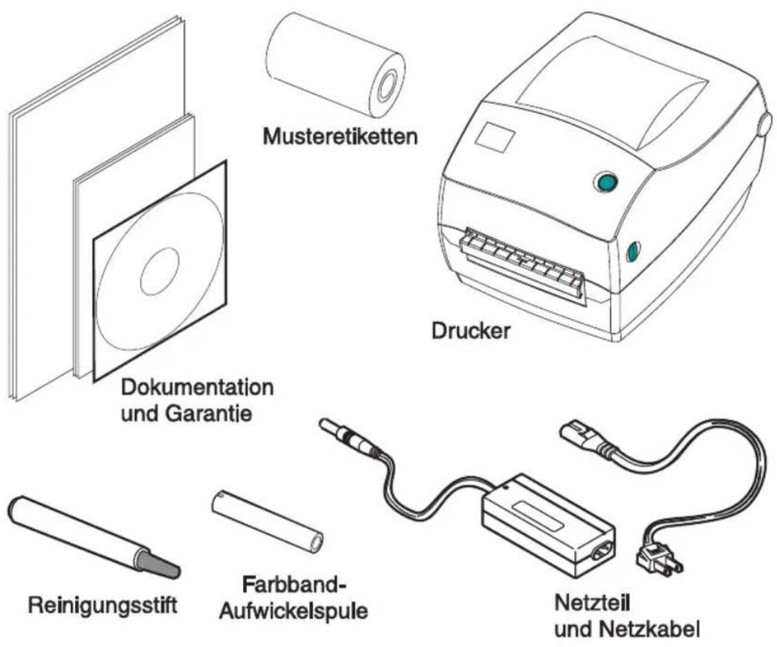 Musteretiketten Drucker Dokumentation und Garantie Reinigungsstift Farbband- Aufwickelspule Netzteil und Netzkabel