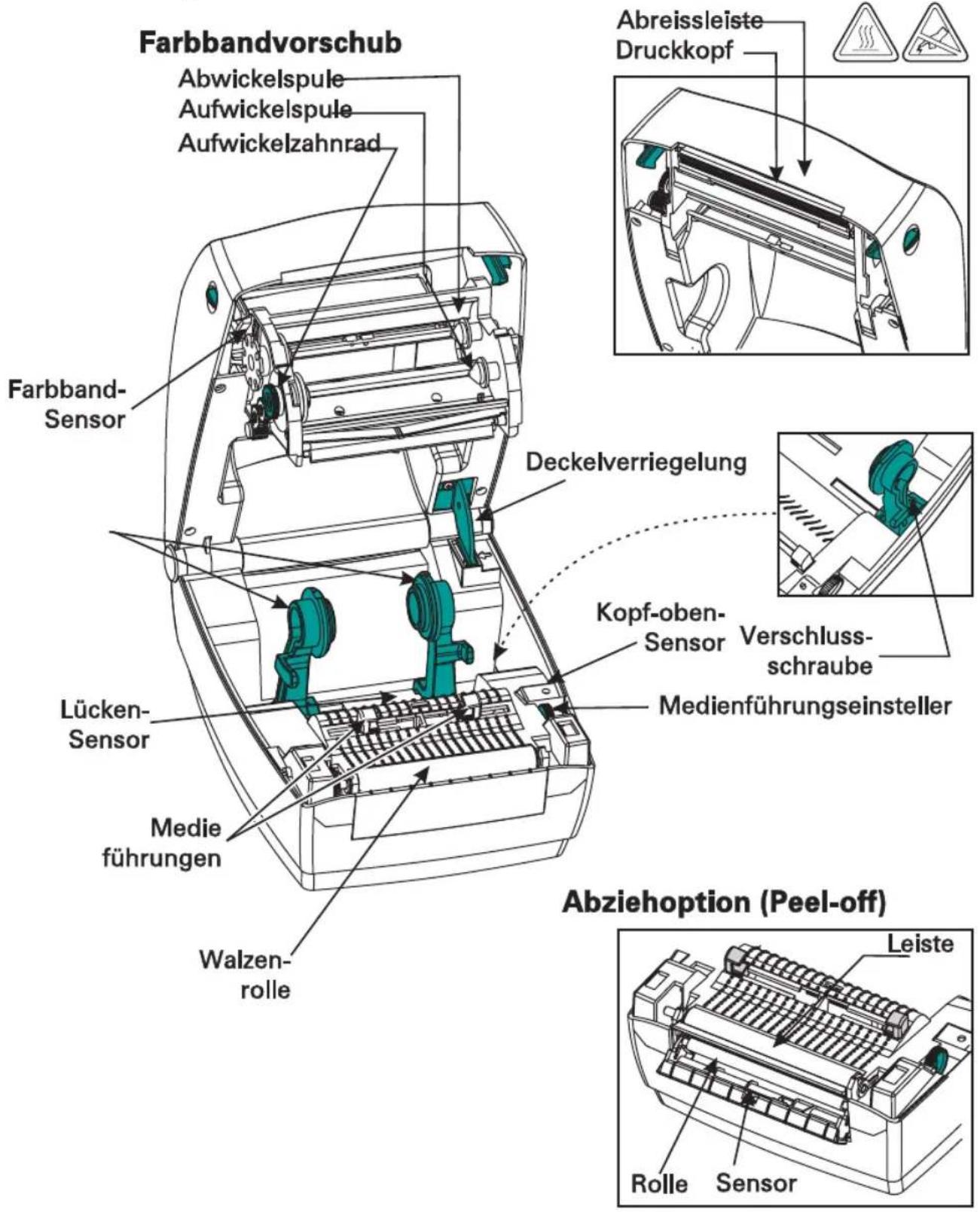 Farbbandvorschub Abwickelspule Aufwickelspule Aufwickelzahnrad Farbband- Sensor Deckelverriegelung Lücken- Sensor Medie führungen Walzen- rolle Abreissleiste Druckkopf Kopf-oben- Sensor Verschluss- schraube Medienführungseinsteller Abziehoption (Peel-off) Leiste Rolle Sensor Sensor