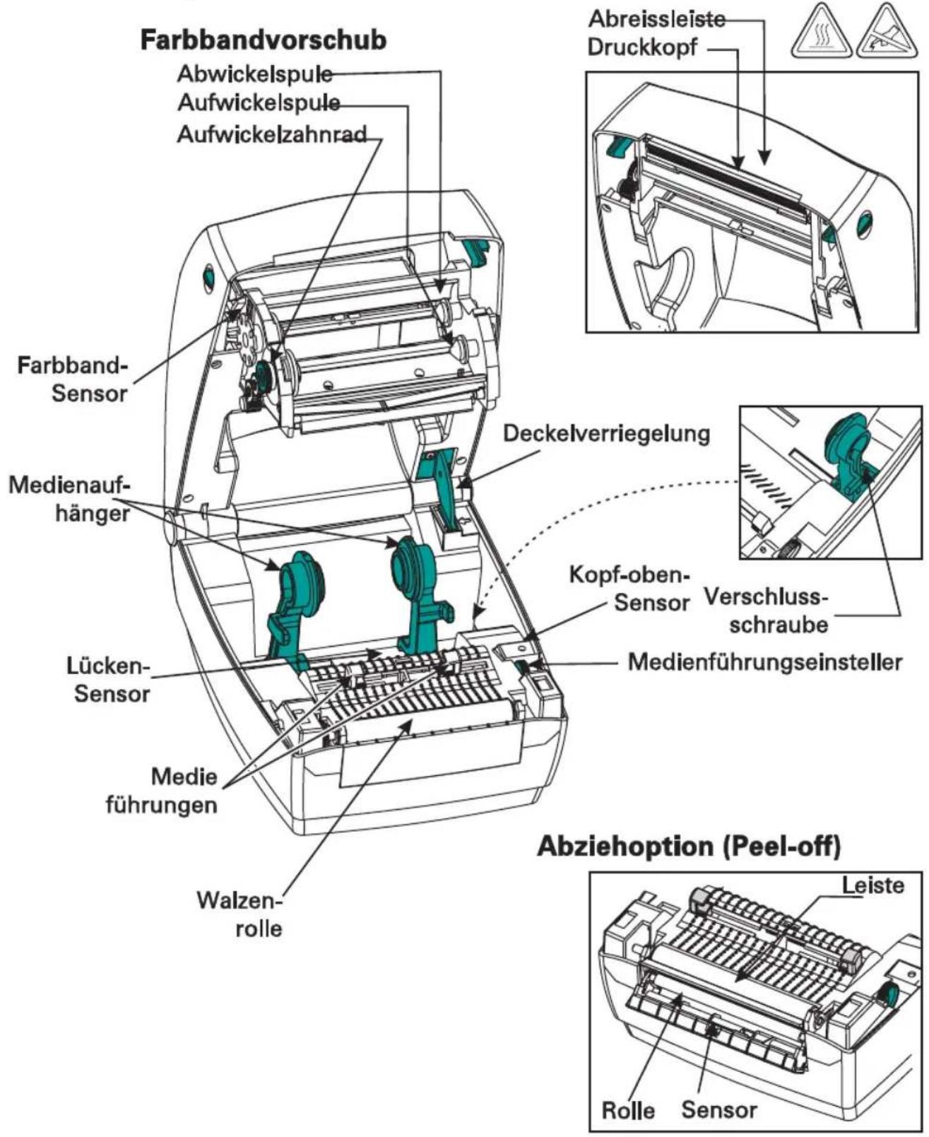 Farbbandvorschub Abwickelspule Aufwickelspule Aufwickelzahnrad Farbband- Sensor Medienauf- hänger Lücken- Sensor Medie führungen Walzen- rolle Deckelverriegelung Kopf-oben- Sensor Verschluss- schraube Medienführungseinsteller Abziehoption (Peel-off) Leiste Rolle Sensor Abreissleiste Druckkopf