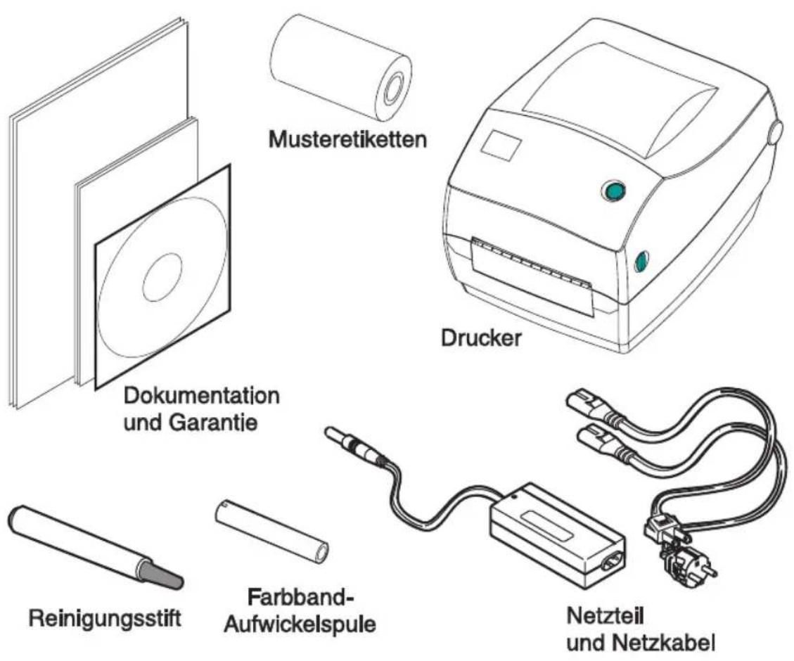Musteretiketten Drucker Dokumentation und Garantie Reinigungsstift Farbband- Aufwickelspule Netzteil und Netzkabel