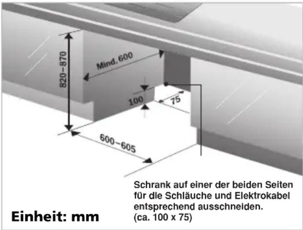 Einheit: mm 820-870 Mind. 600 100 75 600-605 Schrank auf einer der beiden Seiten für die Schläuche und Elektrokabel entsprechend ausschneiden. (ca. 100 x 75)