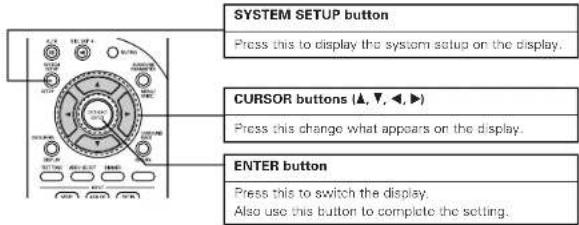SYSTEM SETUP button Press this to display the system setup on the display. CURSOR buttons (▲, ▼, ◀, ►) Press this change what appears on the display. ENTER button Press this to switch the display. Also use this button to complete the setting.