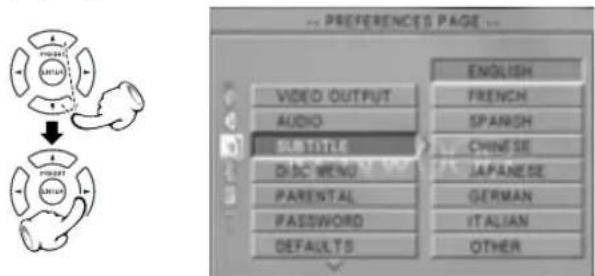 PRESERVES PAGE ... VIDEO OUTPUT AUDIO TITLE DISC MENU PARENTAL PASSWORD DEFAULTS ENGLISH FRENCH SPANISH CHINESE JAPANESE GERMAN ITALIAN OTHER