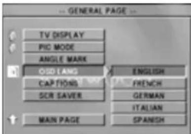 GENERAL PAGE TV DISPLAY PIC MODE ANGLE MARK OSD LANG CAPTIONS SCR SAVER MAIN PAGE ENGLISH FRENCH GERMAN ITALIAN SPANISH
