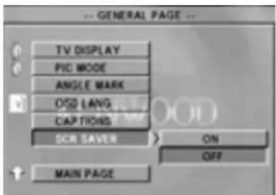 GENERAL PAGE TV DISPLAY PIC MODE ANGLE MARK OSS LANG CAP TIONS SCR SAVER ON OFF MAIN PAGE