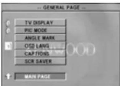 GENERAL PAGE TV DISPLAY PIC MODE ANGLE MARK OISO LANG CAPTIONS SCR SAVER MAIN PAGE