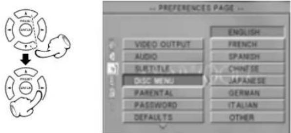 PRESERVENCES PAGE ENGLISH VIDEO OUTPUT AUDIO SUBTITLE DISCI MENU PARENTAL PASSWORD DEFAULTS FRENCH SPANISH CHINESE JAPANESE GERMAN ITALIAN OTHER