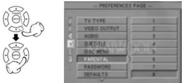 PREFERENCES PAGE TV TYPE 1 VIDEO OUTPUT 2 AUDIO 3 SUBTITLE 4 DISC MENU 5 PARENTAL 6 PASSWORD 7 DEFAULTS 8