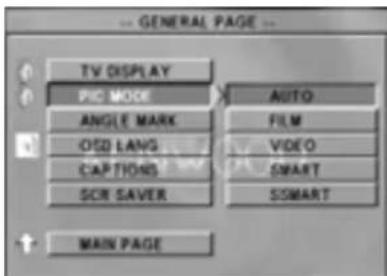GENERAL PAGE TV DISPLAY PIC MODE ANGLE MARK OSD LANG CAPTIONS SCR SAVER AUTO FILM VIDEO SMART SSMART MAIN PAGE