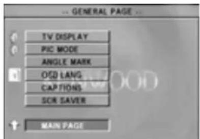 -- GENERAL PAGE -- TV DISPLAY PIC MODE ANGLE MARK OCD LANG CAPTIONS SCR SAVER MAIN PAGE