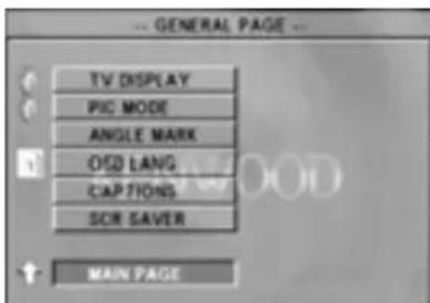 -- GENERAL PAGE -- TV DISPLAY PIC MODE ANGLE MARK O5D LANG CAPTIONS SCR SAVER MAIN PAGE