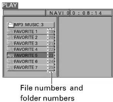 PLAY NAVI 0 0 : 0 8 : 1 4 MP3 MUSIC 3 FAVORITE 1 19 FAVORITE 2 20 FAVORITE 3 21 FAVORITE 4 22 FAVORITE 5 23 FAVORITE 6 24 FAVORITE 7 25 File numbers and folder numbers