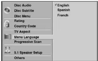 Disc Audio Disc Subtitle Disc Menu Rating Country Code TV Aspect Menu Language Progressive Scan 5.1 Speaker Setup Others English Spanish French