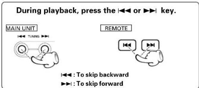 During playback, press the |◀◀ or ▶▶| key. MAIN UNIT TUNING ▶▶ REMOTE |◀◀ : To skip backward ▶▶ | : To skip forward