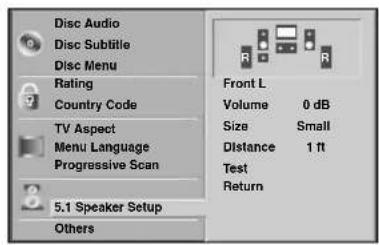 Disc Audio Disc Subtitle Disc Menu Rating Country Code TV Aspect Menu Language Progressive Scan 5.1 Speaker Setup Others Front L Volume 0 dB Size Small Distance 1 ft Test Return