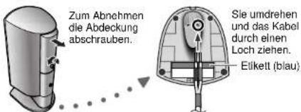 Zum Abnehmen die Abdeckung abschrauben. Sie umdrehen und das Kabel durch einen Loch ziehen. Elikett (blau)