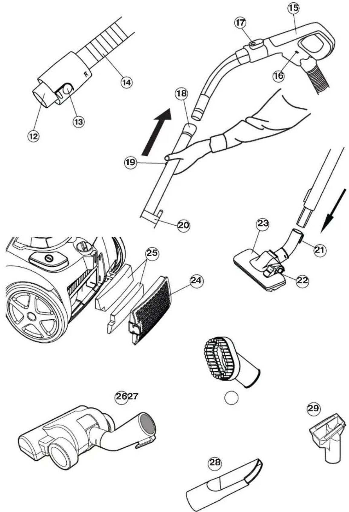Technical diagram of a handheld electric shock absorber with numbered parts and exploded view