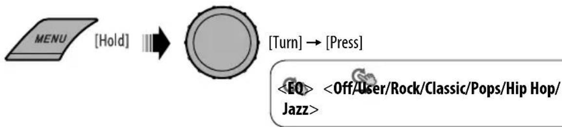 graph LR A["MENU [Hold"]] --> B["Switch"] B --> C["[Turn"] → [Press]] D["<EO> <Off/User/Rock/Classic/Pops/Hip Hop/Jazz>"] --> E["End"]