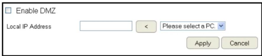 Enable DMZ Local IP Address < Please select a PC. Apply Cancel
