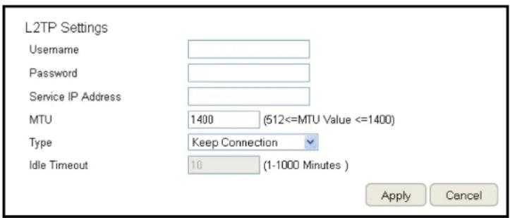 L2TP Settings Username Password Service IP Address MTU 1400 (512<=MTU Value <=1400) Type Keep Connection Idle Timeout 10 (1-1000 Minutes) Apply Cancel