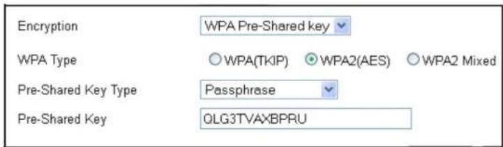 Encryption WPA Pre-Shared key WPA Type ○ WPA(TKIP) ○ WPA2(AES) ○ WPA2 Mixed Pre-Shared Key Type Passphrase Pre-Shared Key QLG3TVAXBPRU