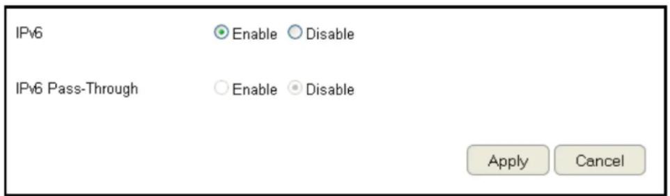 IPv6 Enable Disable IPv6 Pass-Through Enable Disable Apply Cancel