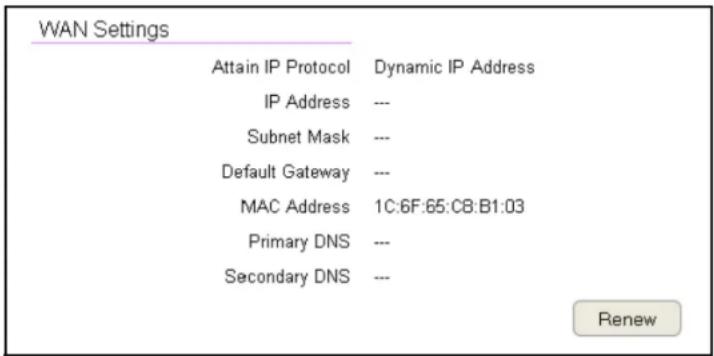 WAN Settings Attain IP Protocol Dynamic IP Address IP Address --- Subnet Mask --- Default Gateway --- MAC Address 1C:6F:65:C8:B1:03 Primary DNS --- Secondary DNS --- Renew