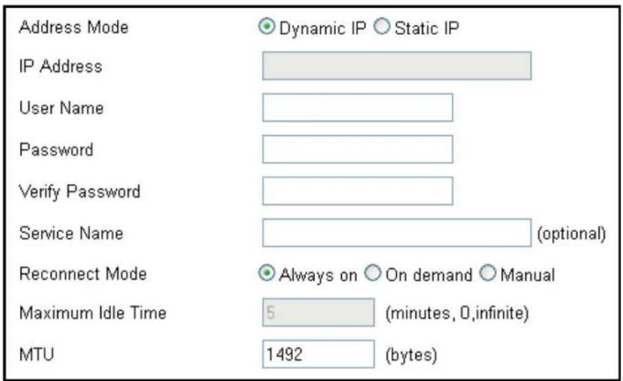Address Mode IP Address User Name Password Verify Password Service Name Reconnect Mode Maximum Idle Time MTU Dynamic IP Static IP Always on On demand Manual 5 (minutes, 0, infinite) 1492 (bytes)