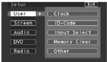 Setup User Screen Audio DVD Radio Clock ID-Code Input Select Memory Clear Other Exit