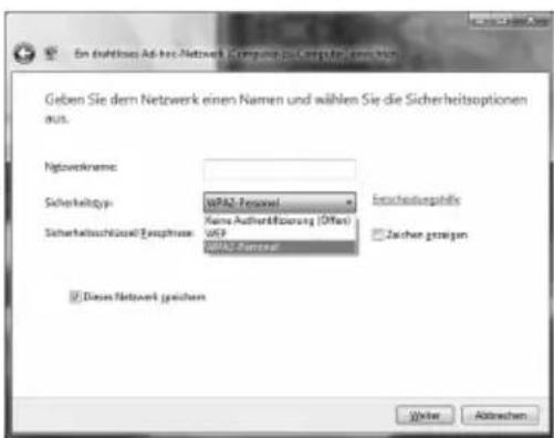 En zahlungs-Ad-hoc-Netwerk Company zu Computer eine von Geben Sie dem Netzwerk einen Namen und wählen Sie die Sicherheitsoptionen aus. Networkname: Sicherheitsys: WRF2-Personal Kreis Authentwicklung (Offer) WRF WRF2-Semeral Entsicherungsprüche Sicherheitschlüssel Abschluss: WRF Zuschen gegeben □ Diese Network gegeben Write Abgaben