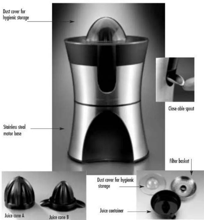 Dust cover for hygienic storage Stainless steal motor base Close-able spout Filter basket Juice cone A Juice cone B Dust cover for hygienic storage Juice container