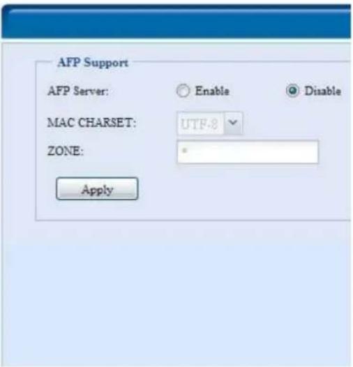 AFP Support AFP Server: Enable Disable MAC CHARSET: UTF-8 ZONE: Apply