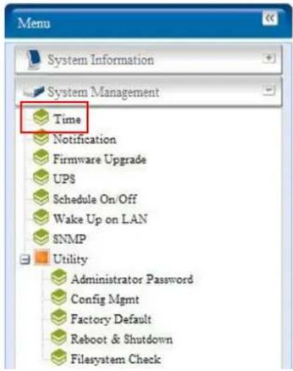 Menu System Information System Management Time Notification Firmware Upgrade UPS Schedule On/Off Wake Up on LAN SNMP Utility Administrator Password Config Mgmt Factory Default Reboot & Shutdown Filesystem Check