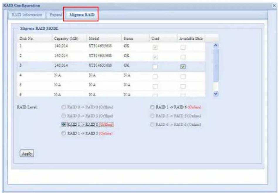 RAID Configuration RAID Information Expand Migrate RAID Migrate RAID MODE Disk No. Capacity (MB) Model Status Used Available Disk 1 140,014 ST314635688 OK ✓ □ 2 140,014 ST314635688 OK ✓ □ 3 140,014 ST314635688 OK □ ✓ 4 N/A N/A N/A □ □ 5 N/A N/A N/A □ □ 6 N/A N/A N/A □ □ RAID Level: ○ RAID 0 -> RAID 0 (Offline) ○ RAID 1 -> RAID 6 (Online) ○ RAID 0 -> RAID 5 (Offline) ○ RAID 5 -> RAID 5 (Online) ● RAID 1 -> RAID 0 (Offline) ○ RAID 6 -> RAID 6 (Online) ○ RAID 1 -> RAID 5 (Online) Apply: