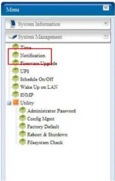 Menu System Information System Management Time Notification Firmware Upgrade UPS Schedule On/Off Wake Up on LAN SNMP Utility Administrator Password Config Mgmt Factory Default Reboot & Shutdown Filesystem Check