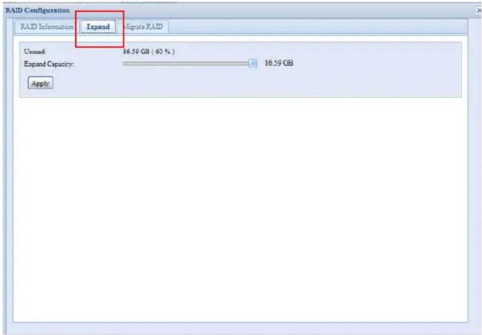 RAID Configuration RAID Information Expand Migrate RAID Unused: $6.59 GB ( 60 % ) Expand Capacity: 86.59 GB Apply