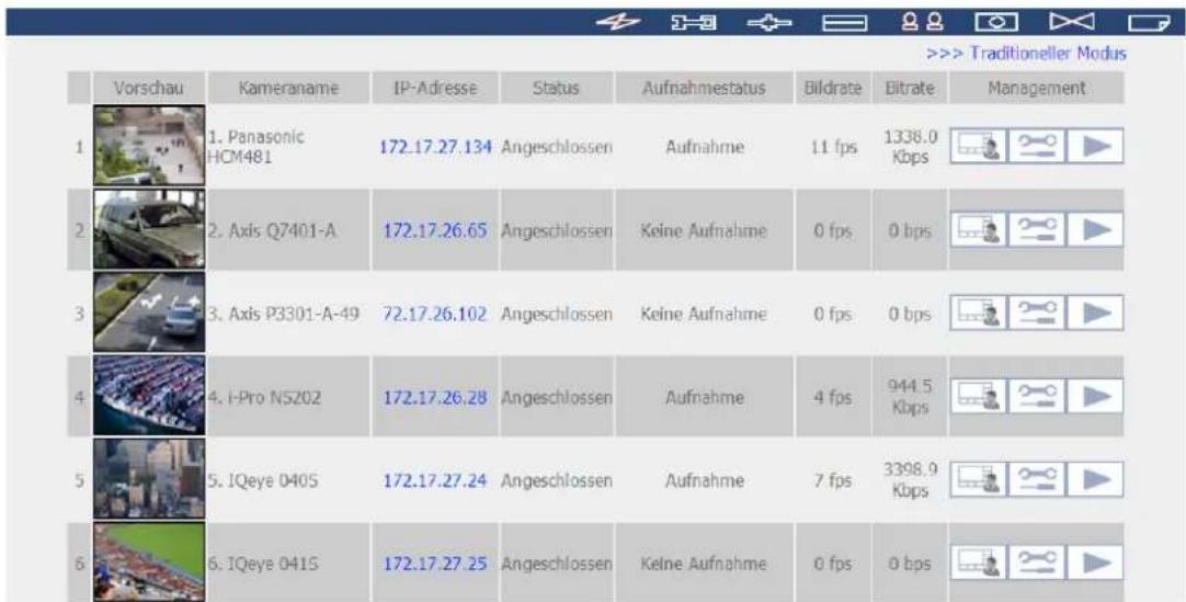 >>> Traditioneller Modus Vorschau Kameraname IP-Adresse Status Aufnahmestatus Bildrate Ebitrate Management 1 1. Panasonic HCM481 172.17.27.134 Angeschlossen Aufnahme 11 fps 1338.0 Kbps 2 2. Axis Q7401-A 172.17.26.65 Angeschlossen Keine Aufnahme 0 fps 0 bps 3 3. Axis P3301-A-49 72.17.26.102 Angeschlo…
